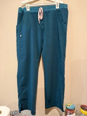 Figs Women’s Teal Drawstring Jogger Pants with Pink Tie